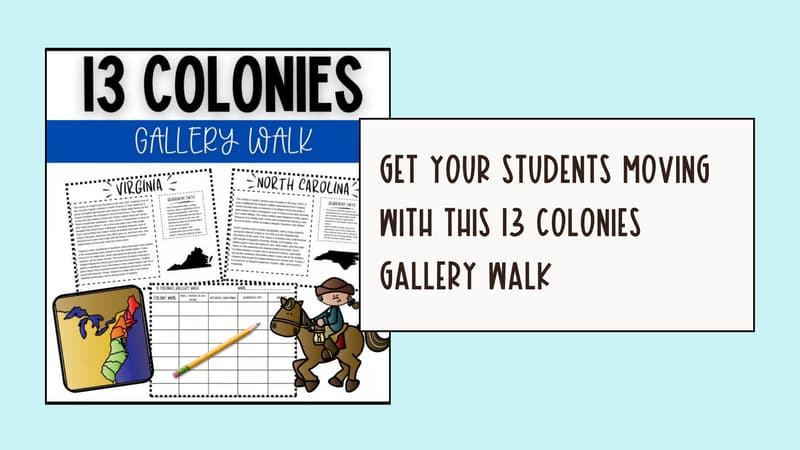 13 Colonies gallery walk reading stations and recording sheet for a Colonial America social studies activity