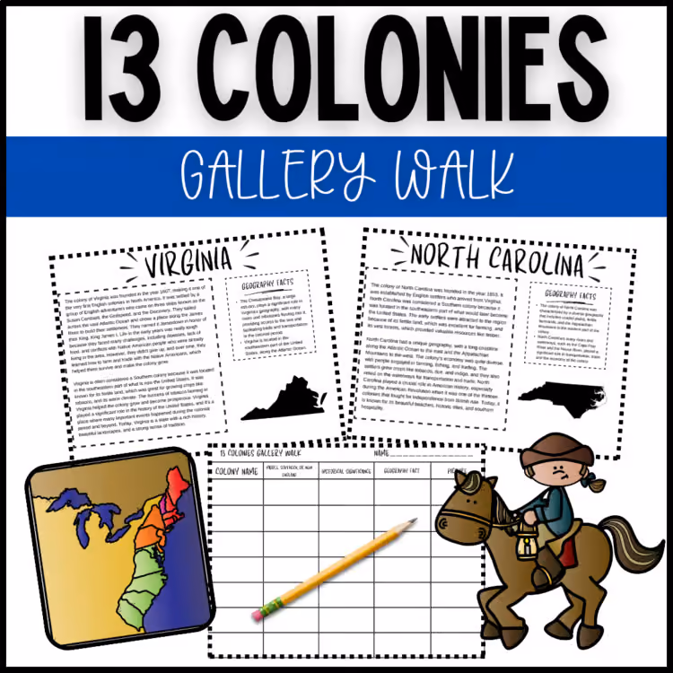 Preview of 13 Colonies gallery walk reading stations, colony maps, and student recording sheet