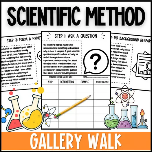 Scientific method gallery walk reading stations, answer sheet, and colorful science illustrations