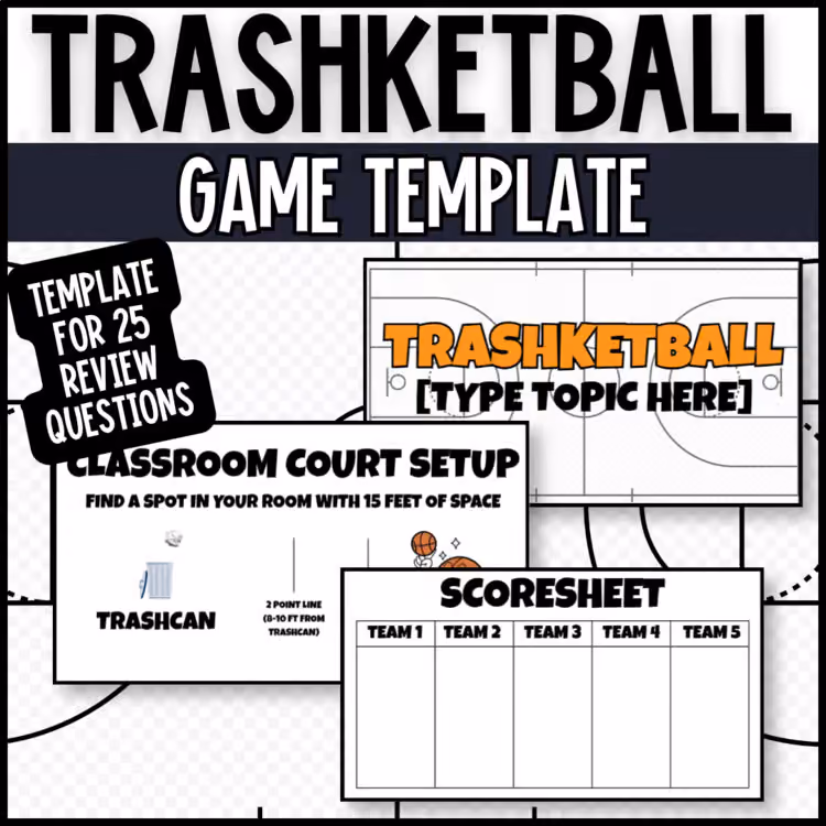 Editable Trashketball game template with review question slides, classroom court setup, and score sheet